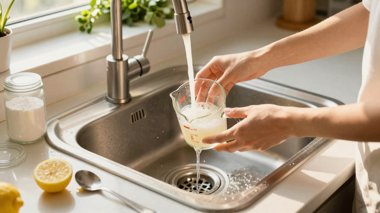 Personne remplit un verre doseur d'eau au robinet dans une cuisine lumineuse près d'un citron coupé.
