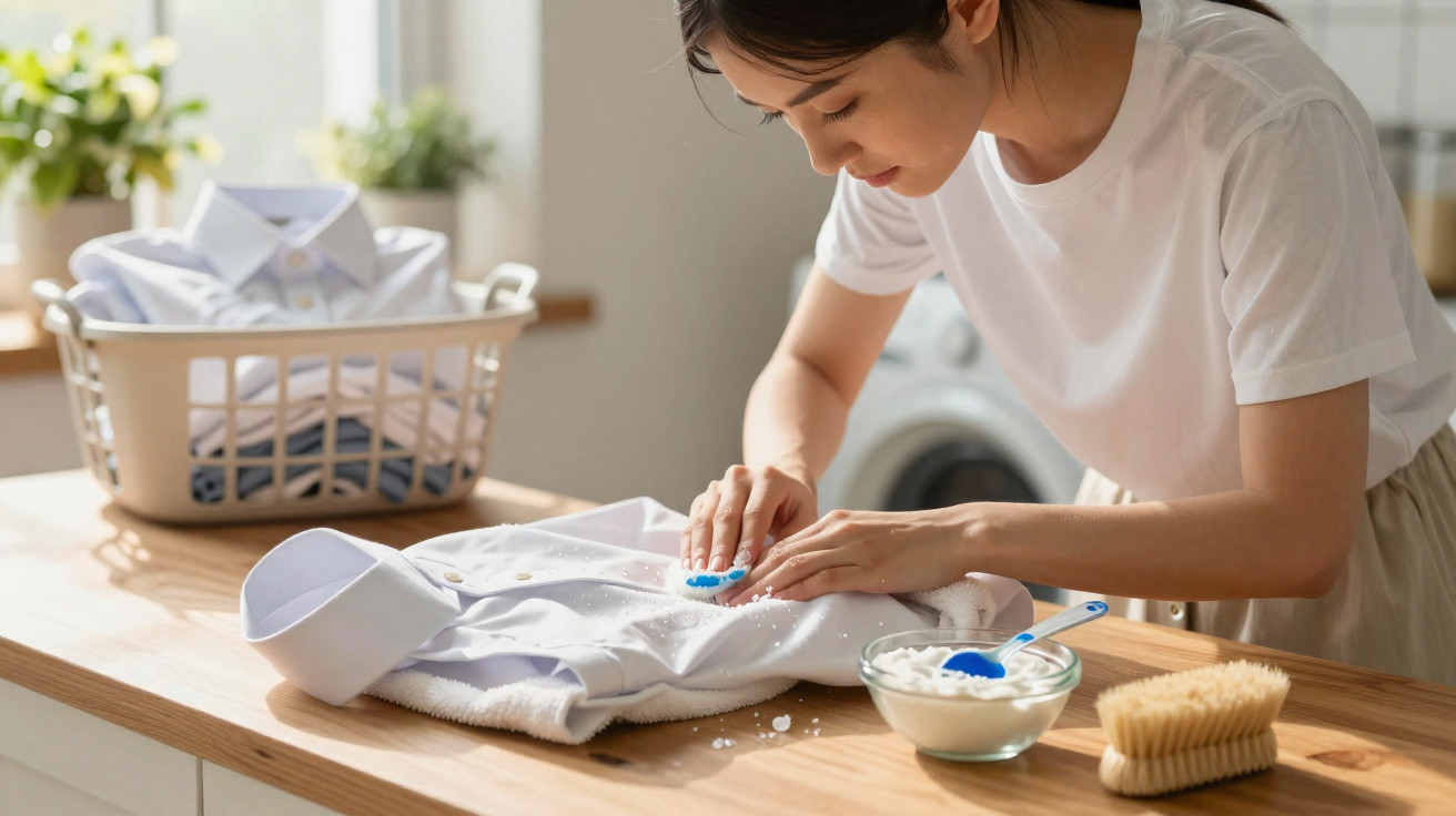 Femme nettoyant une tache sur une chemise blanche avec une brosse et du détergent dans une buanderie.