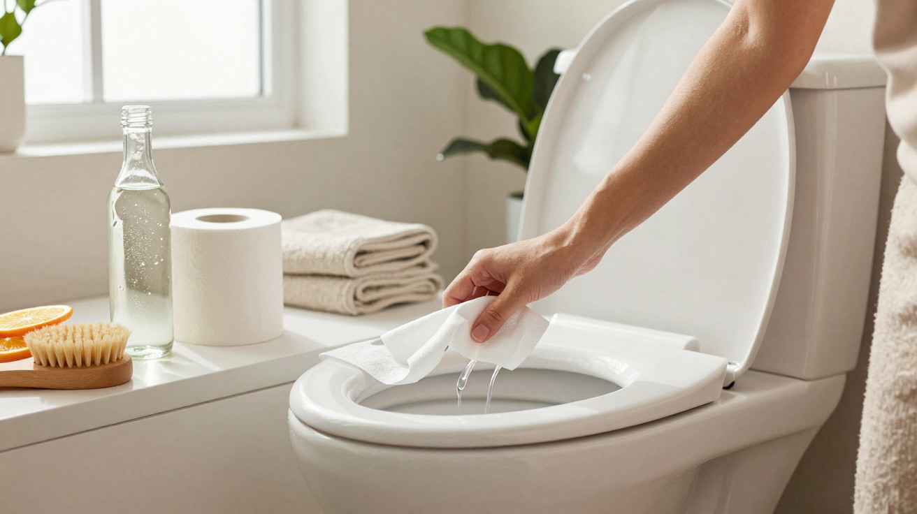 Une personne nettoie avec une lingette humidifiée le siège d’un toilette blanc.