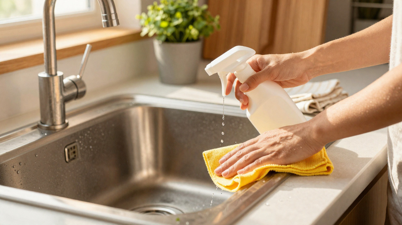 Personne nettoyant un évier en acier inoxydable avec un spray et un chiffon jaune près d'une fenêtre.