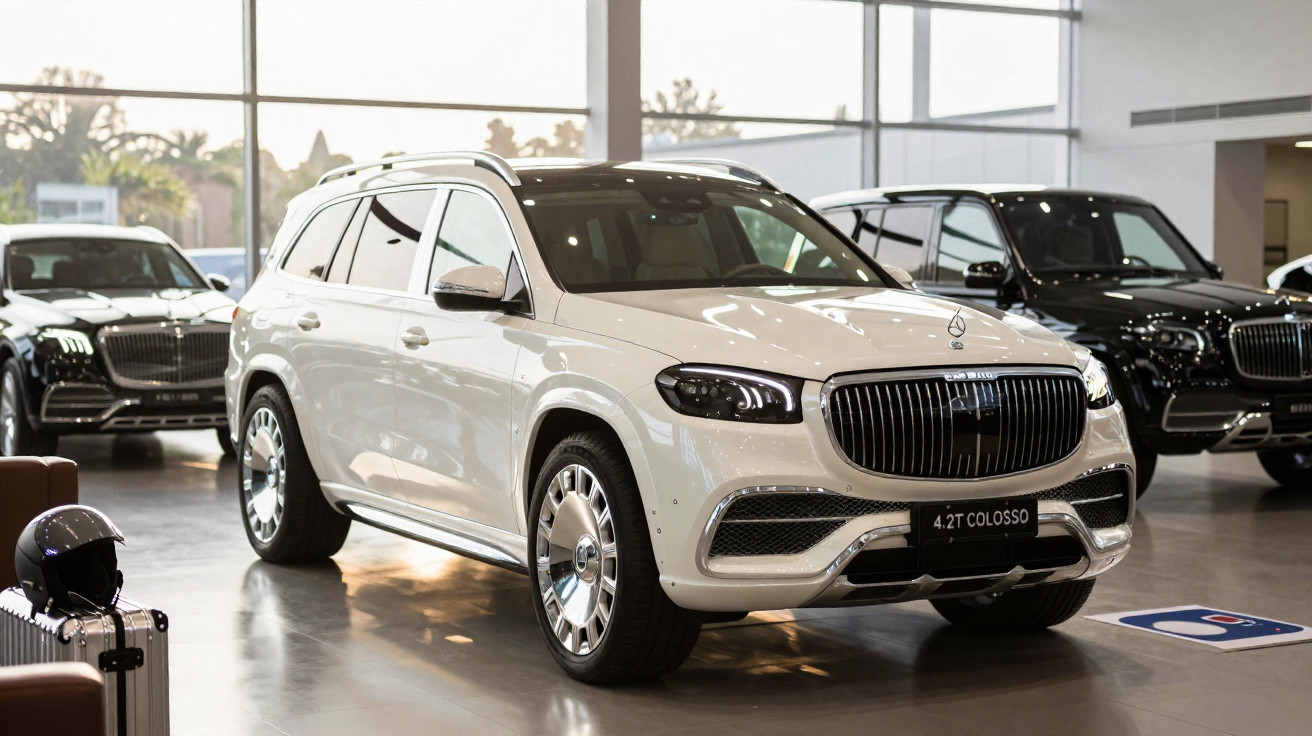Vue de trois quarts avant d'un SUV Mercedes-Maybach blanc exposé dans une salle d'exposition moderne.