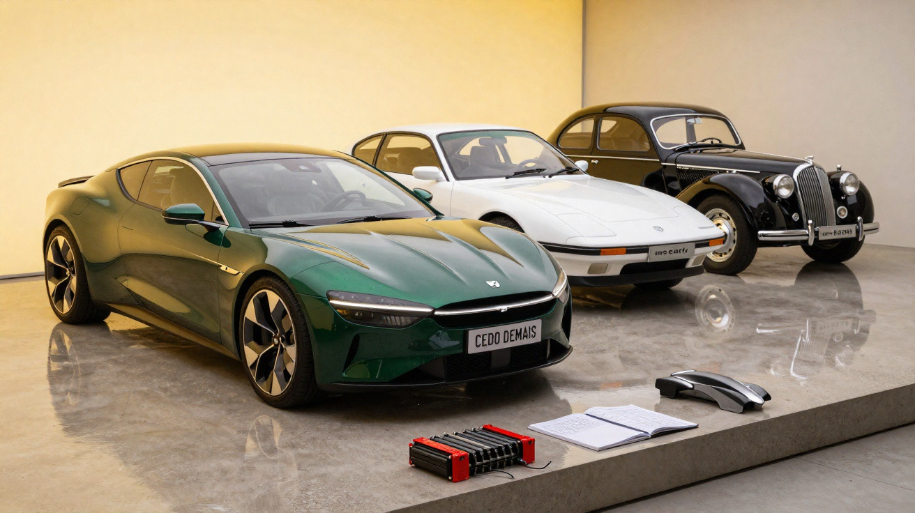 Trois voitures électriques vintage exposées sur un podium avec des batteries et des documents devant elles.