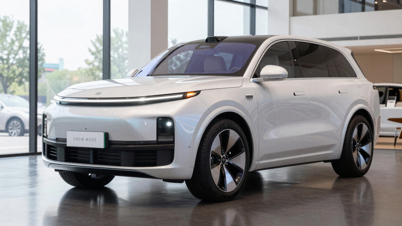 Véhicule électrique blanc de type SUV exposé en intérieur avec lumière naturelle et plaques "SNOW MODE".