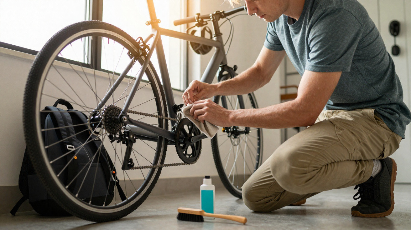 Un homme nettoie la chaîne de son vélo dans une pièce lumineuse avec un produit et une brosse au sol.