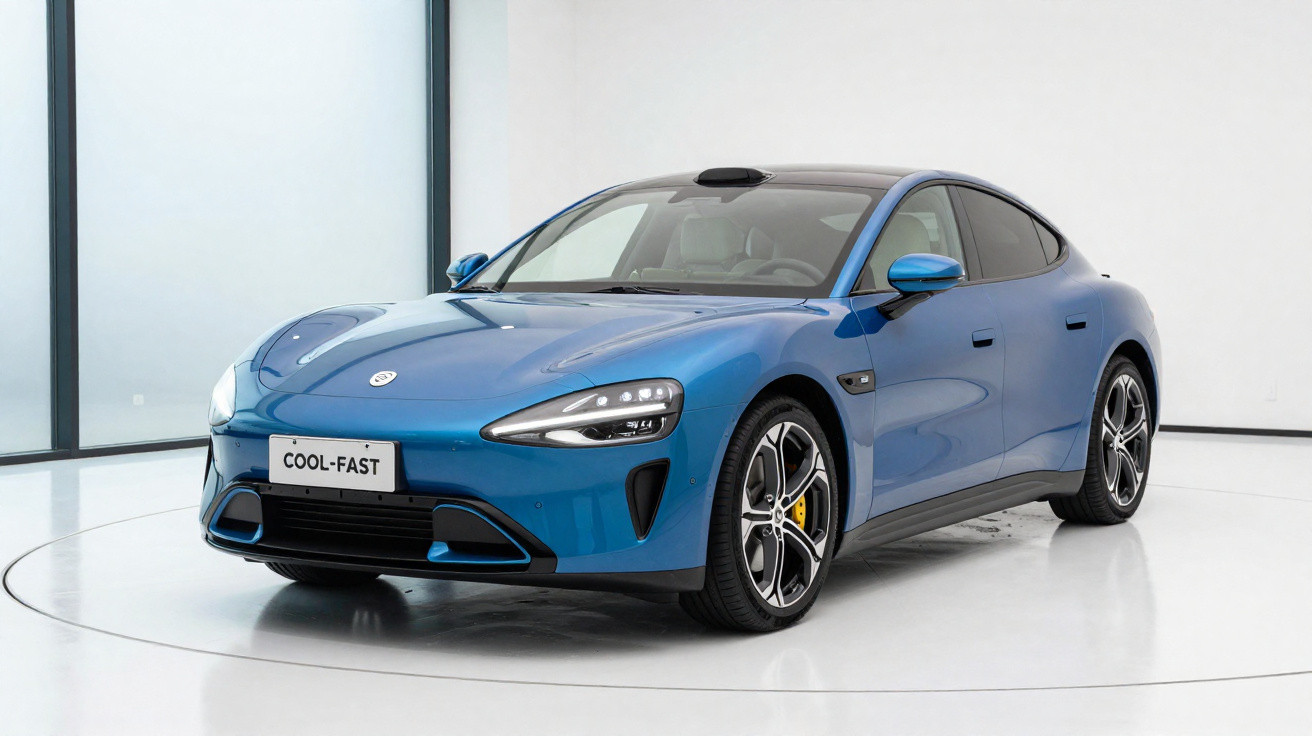 Voiture électrique bleue moderne garée dans un studio blanc avec plaque d'immatriculation "COOL-FAST".