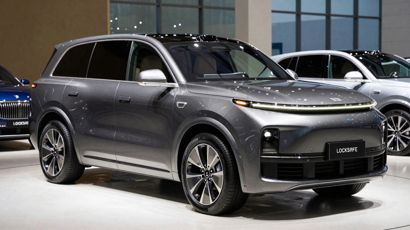 SUV électrique gris foncé LockSafe présenté en showroom avec grande calandre et phares LED fins.