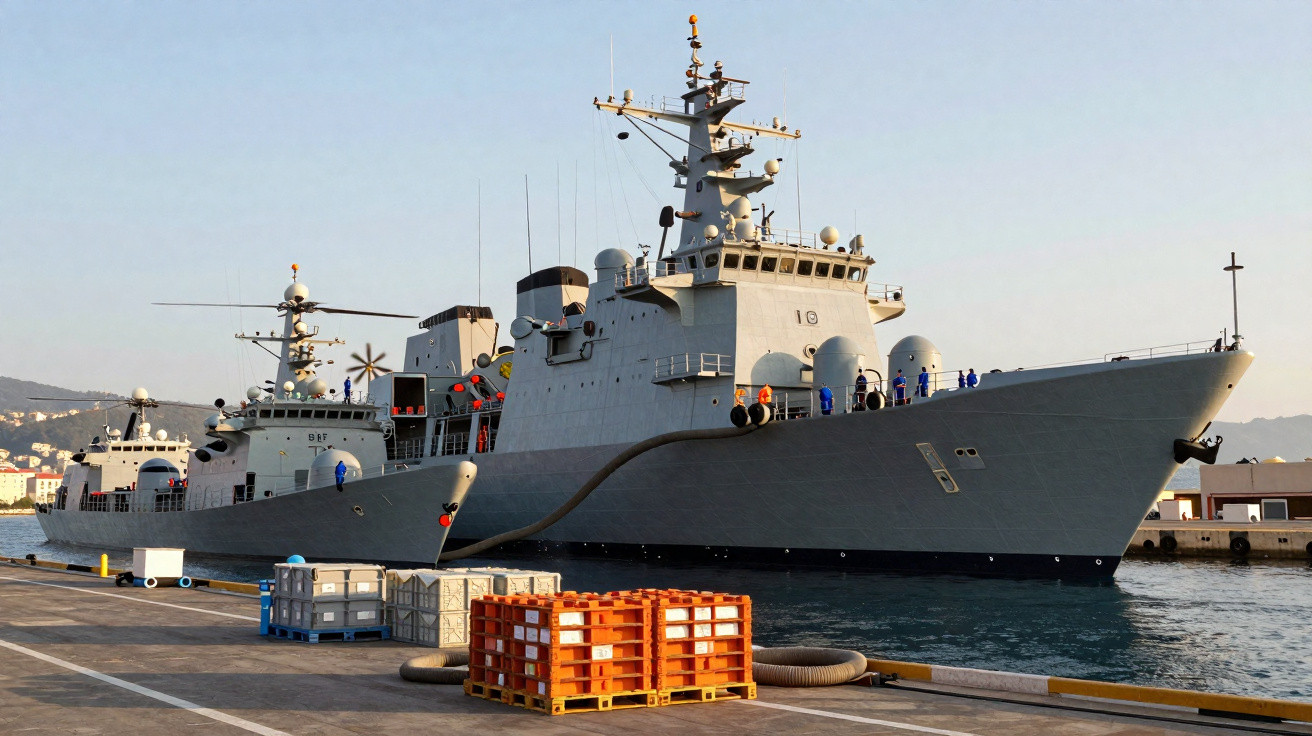 Deux navires militaires gris amarrés dans un port avec des palettes et des caisses au premier plan.