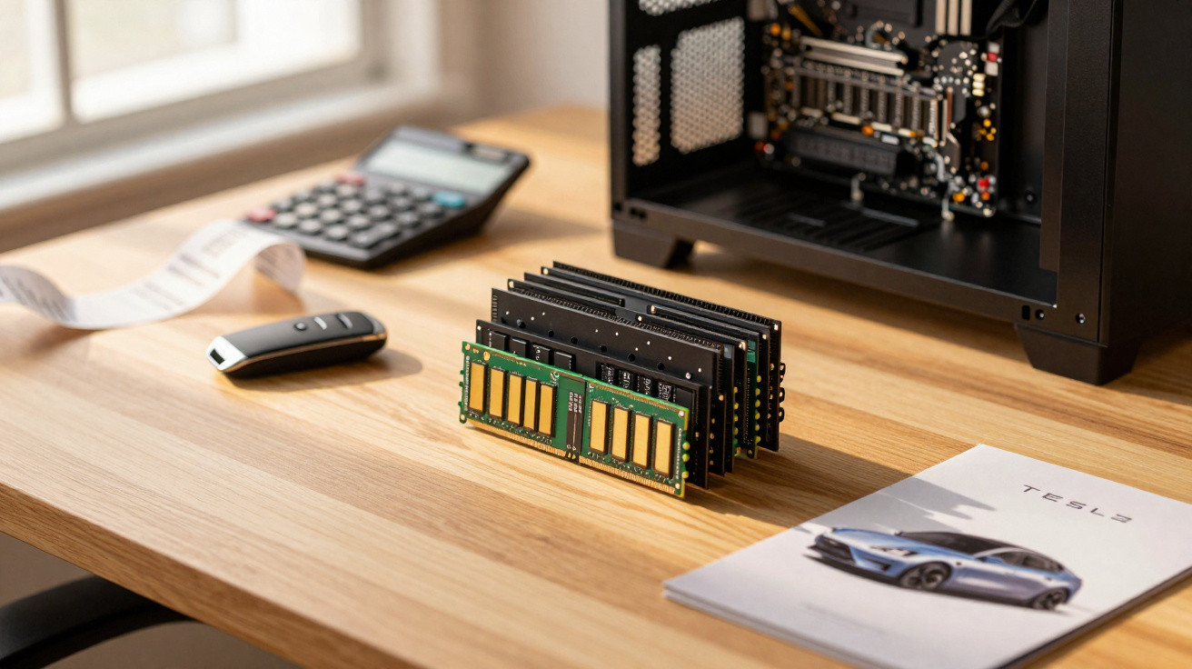 Modules RAM empilés sur un bureau en bois avec une calculatrice, une télécommande et un manuel Tesla à côté.