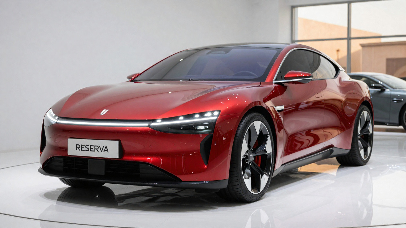 Voiture électrique rouge brillante de luxe garée dans un showroom moderne avec éclairage naturel.