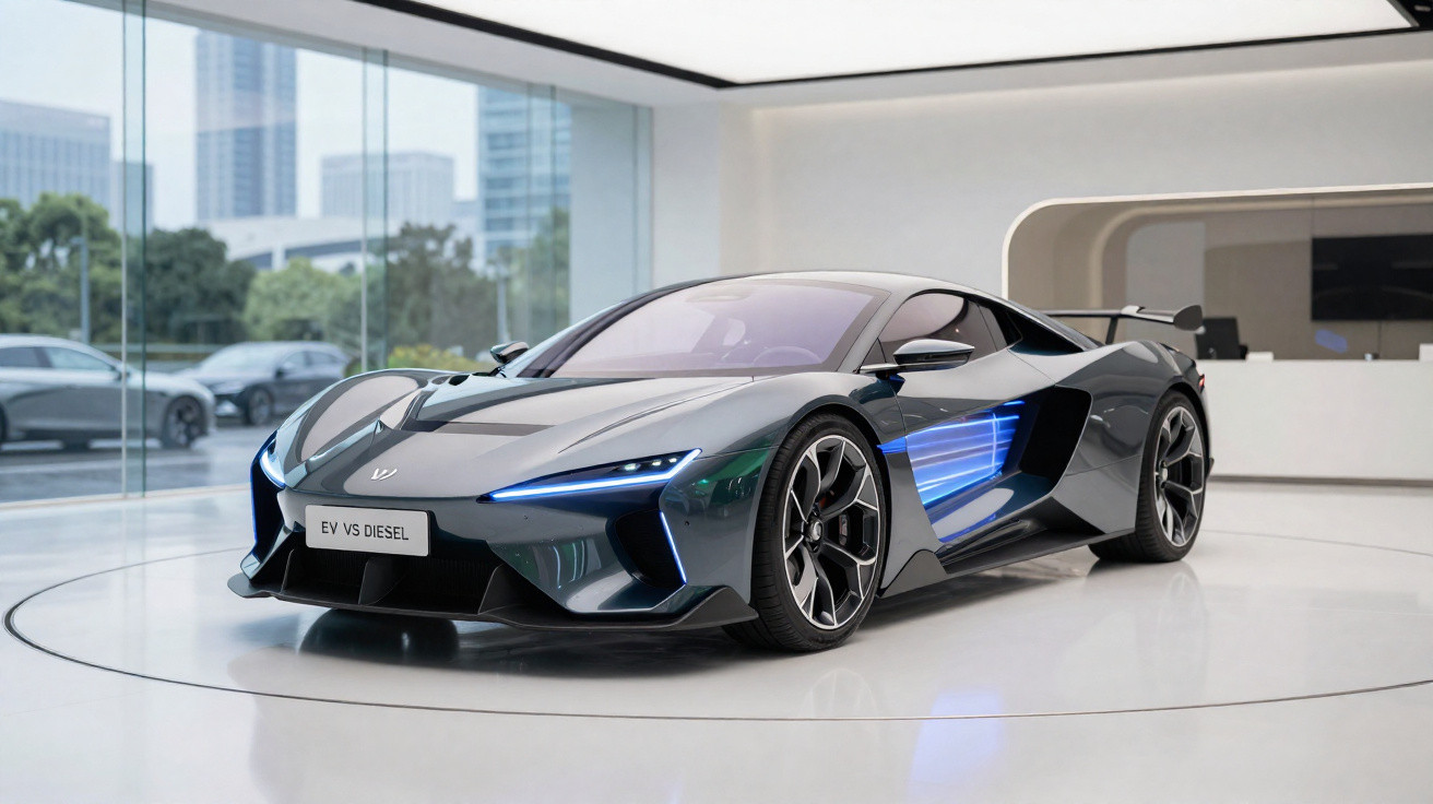 Voiture de sport électrique grise avec éclairage bleu exposée dans un showroom moderne avec vitrines.