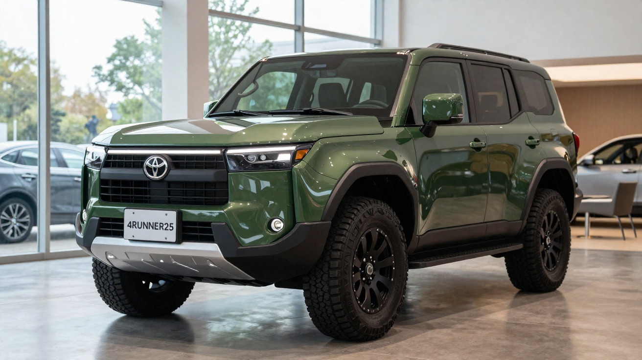 Véhicule tout-terrain Toyota 4Runner vert exposé dans un showroom moderne avec grandes fenêtres.