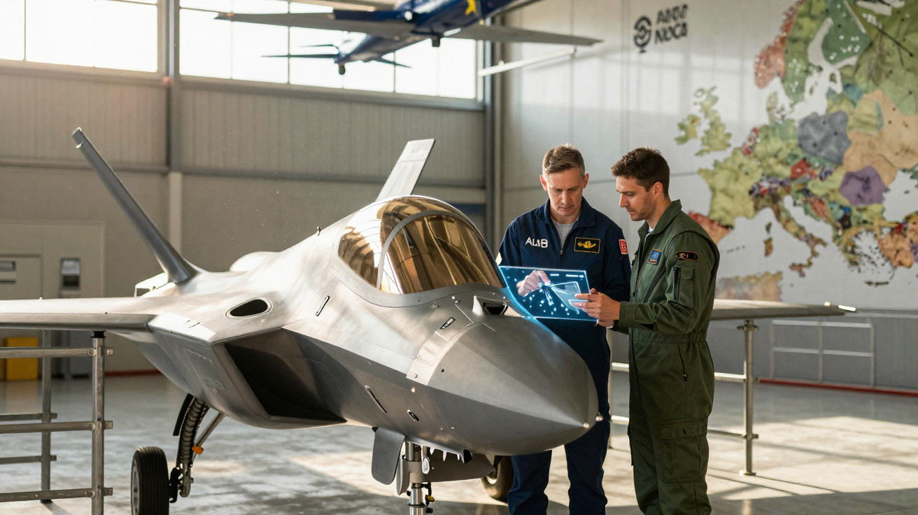 Deux aviateurs examinent une tablette numérique près d’un avion de chasse dans un hangar.