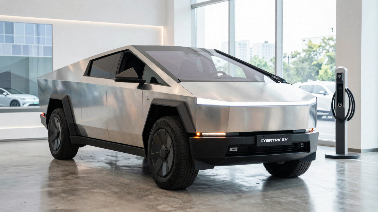 Camionnette électrique Tesla Cybertruck argentée au design angulaire exposée près d'une borne de recharge.