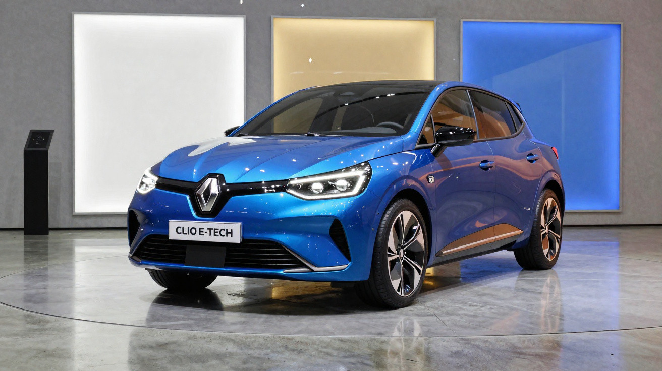 Renault Clio E-Tech bleue exposée en intérieur avec éclairage aux couleurs blanc, jaune et bleu.