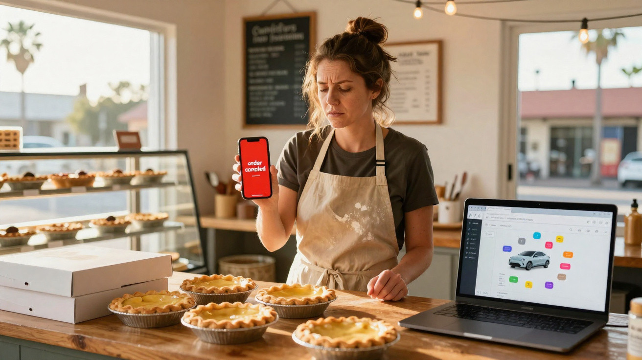 Jeune femme boulangère montre téléphone avec message "commande annulée" dans une boulangerie.