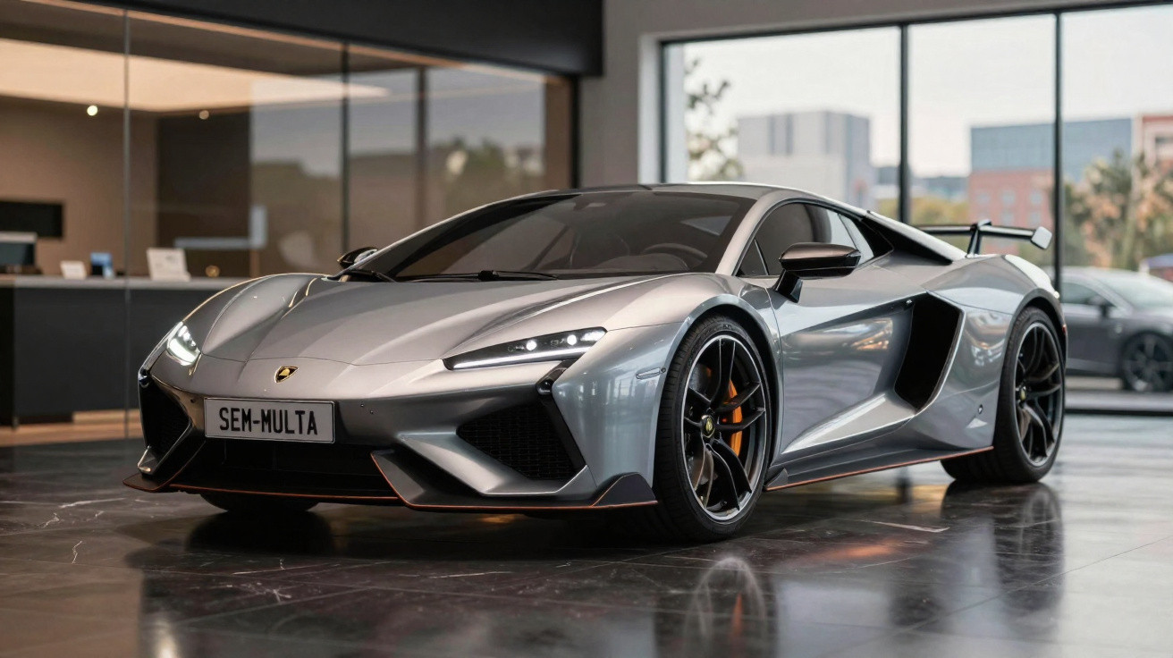 Voiture de sport grise métallique stationnée dans un showroom avec éclairage intérieur moderne.