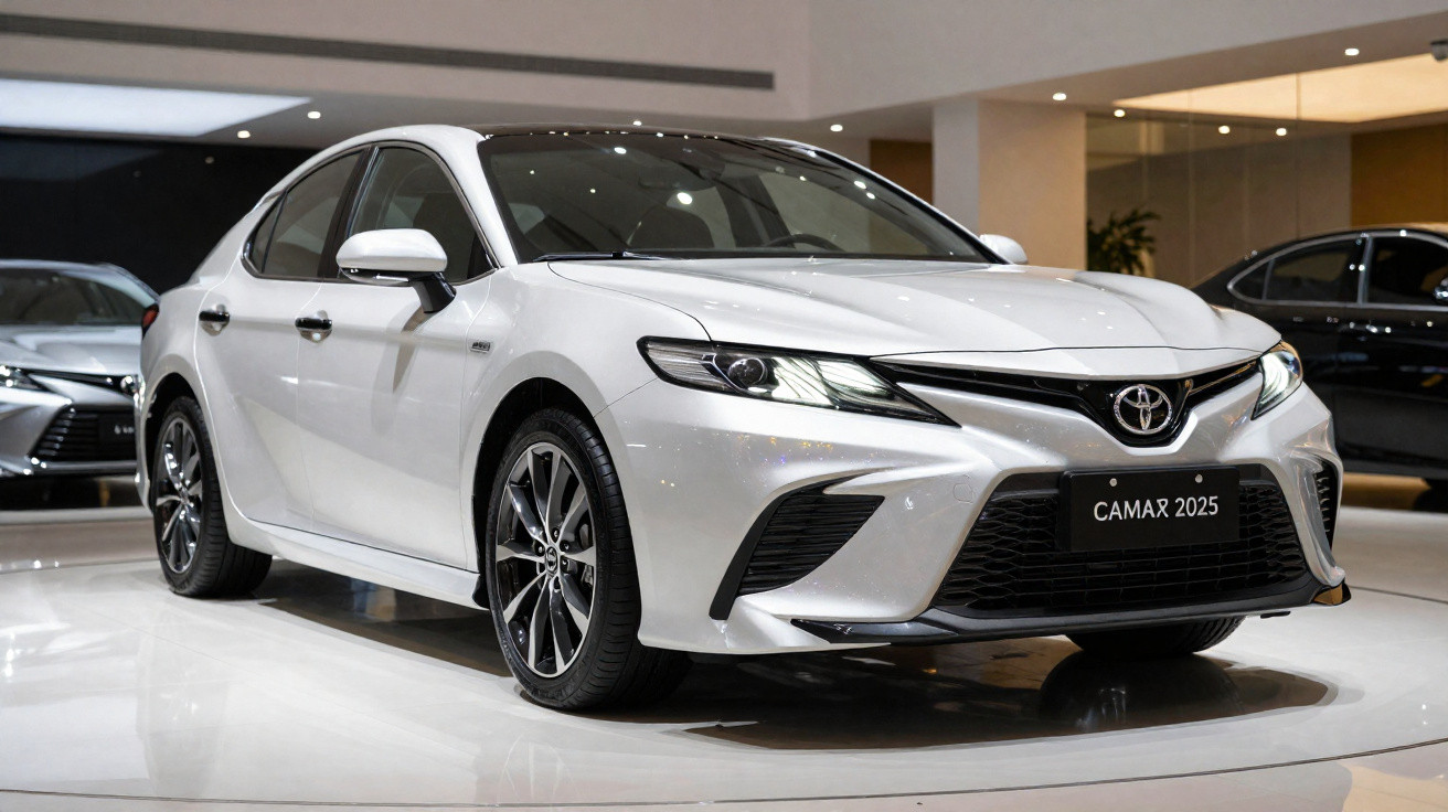 Voiture blanche Toyota Camry 2025 exposée en intérieur avec éclairage moderne et design élégant.