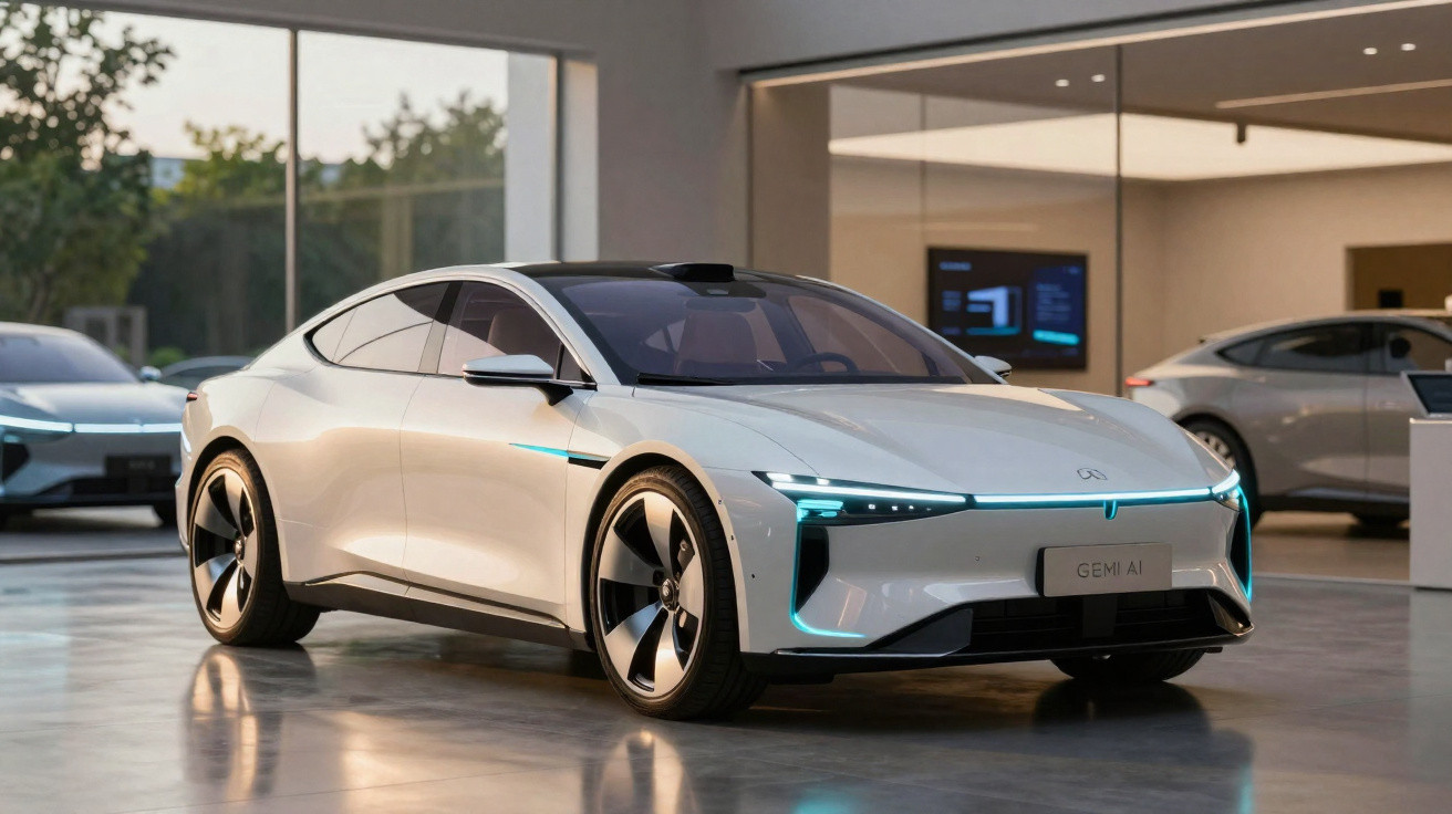 Voiture électrique blanche futuriste avec éclairage LED, présentée dans un showroom moderne et lumineux.