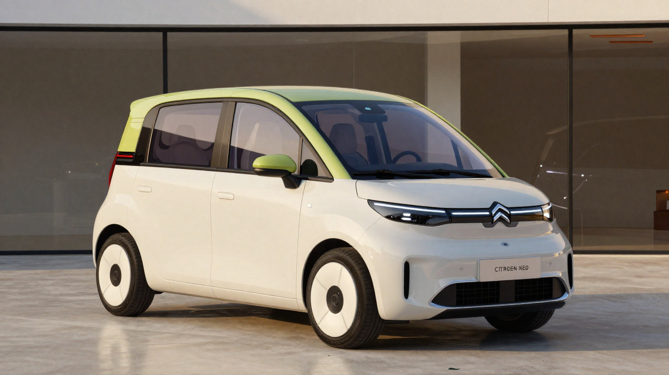 Voiture électrique Citroën Ami au design compact blanc avec toit et rétroviseurs verts, garée devant un mur moderne.