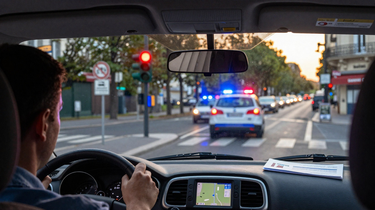 Vue intérieure d'une voiture avec un conducteur, attendant au feu rouge derrière une voiture de police avec gyrophare allumé.