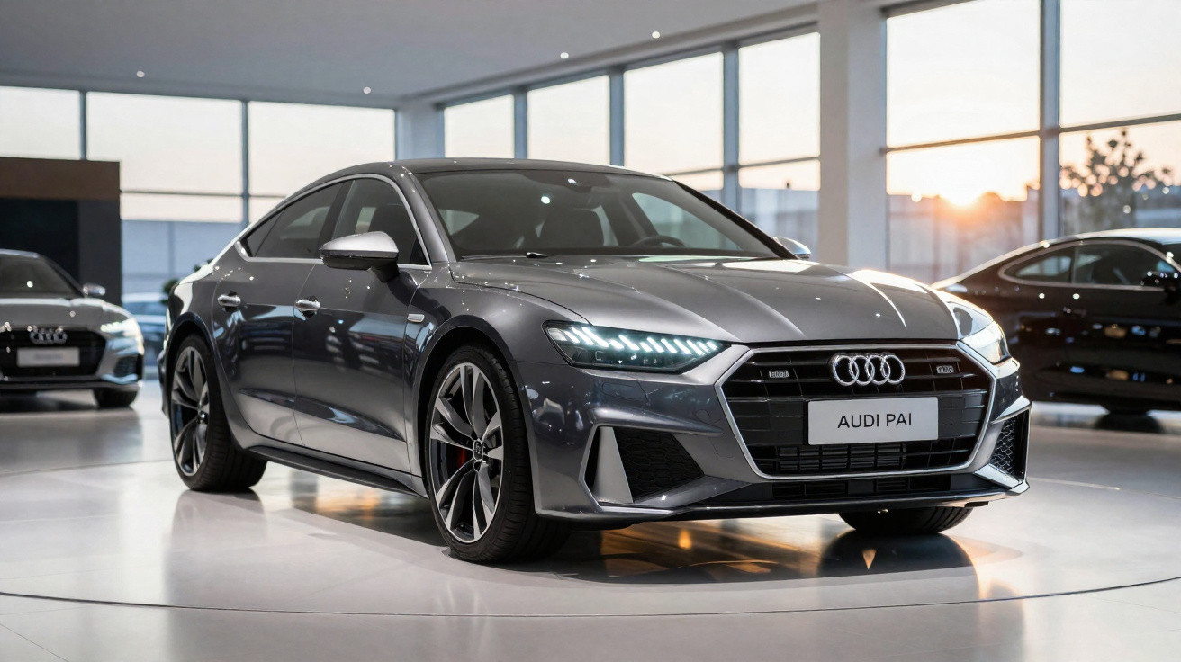 Voiture Audi grise exposée en showroom avec éclairage naturel au coucher du soleil, modèle récent et design moderne.