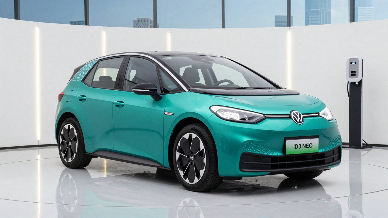 Voiture électrique Volkswagen ID3 Neo verte exposée dans une pièce blanche avec borne de recharge.
