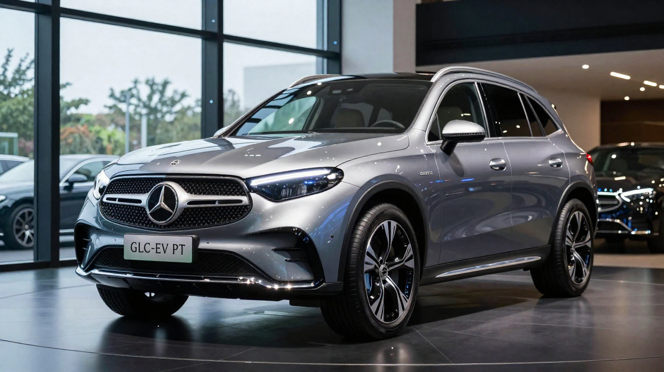Mercedes-Benz GLC électrique grise exposée en showroom moderne avec grandes fenêtres.