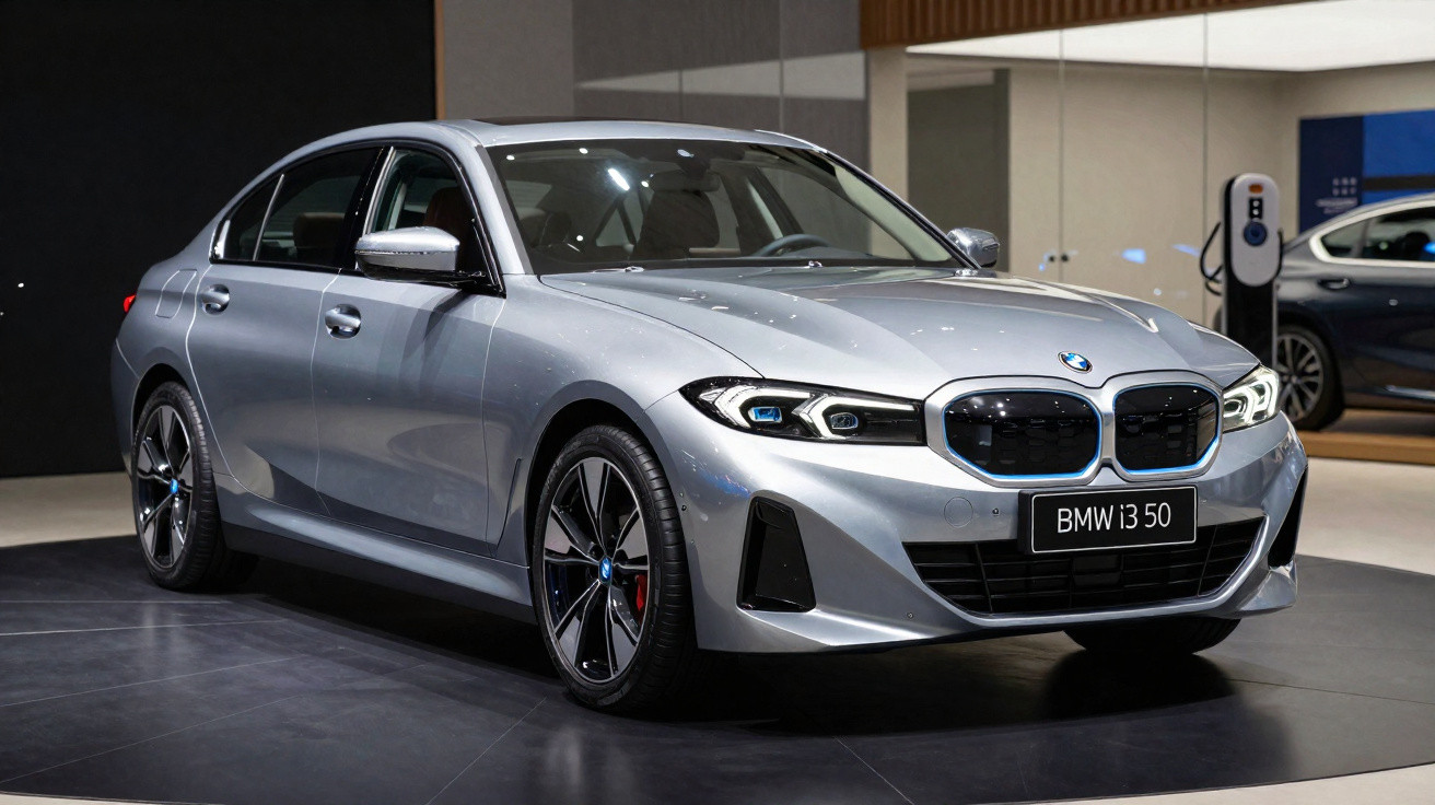Voiture berline BMW i3 50 grise présentée en intérieur sur un socle noir avec éclairage moderne.