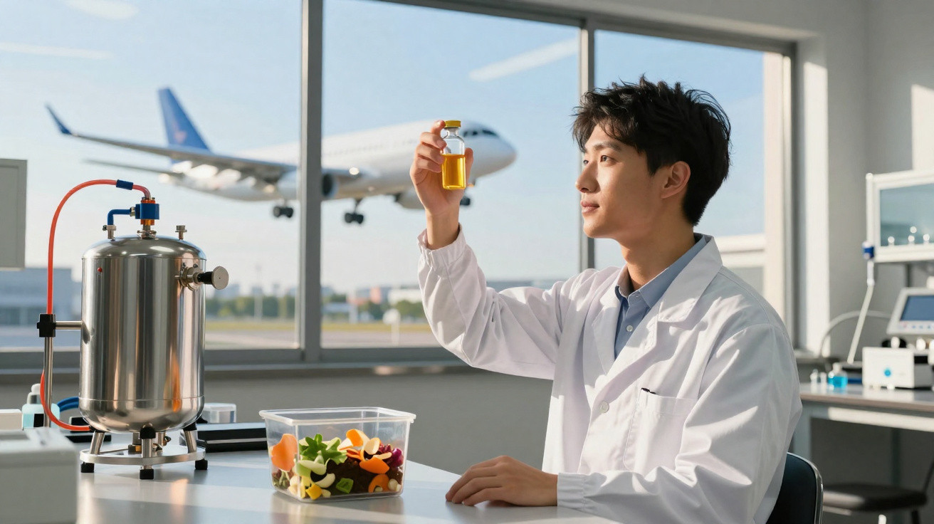 Chercheur en blouse blanche analysant un liquide jaune en laboratoire avec avion visible par la fenêtre.