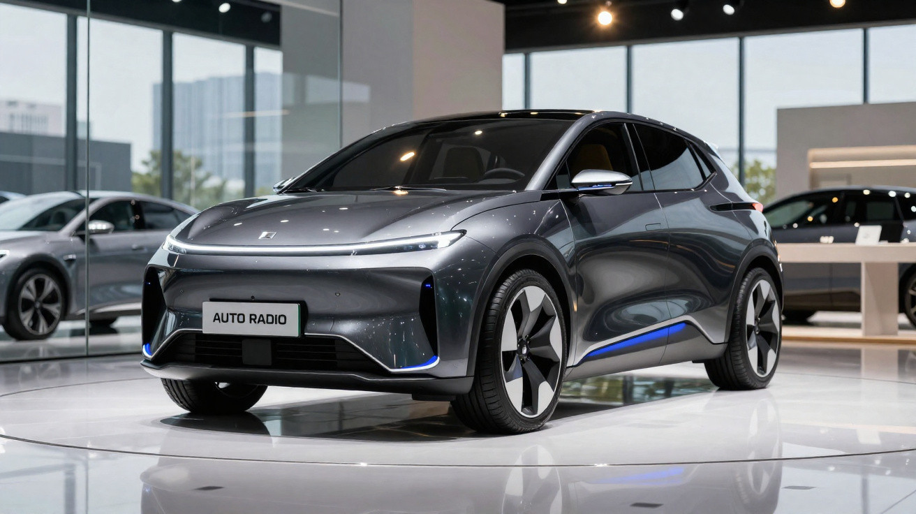 Voiture électrique compacte gris métallisé exposée en showroom avec design moderne et lignes épurées.