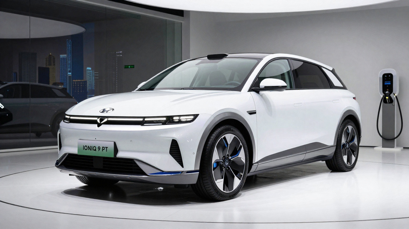 Voiture électrique blanche Hyundai Ioniq 9 PT exposée avec borne de recharge dans un showroom moderne.