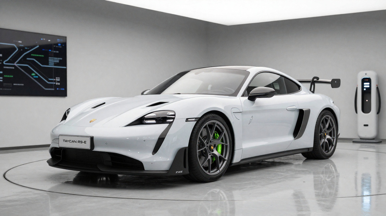 Voiture sportive Porsche Taycan RS-E blanche exposée dans un showroom moderne avec borne de recharge électrique.