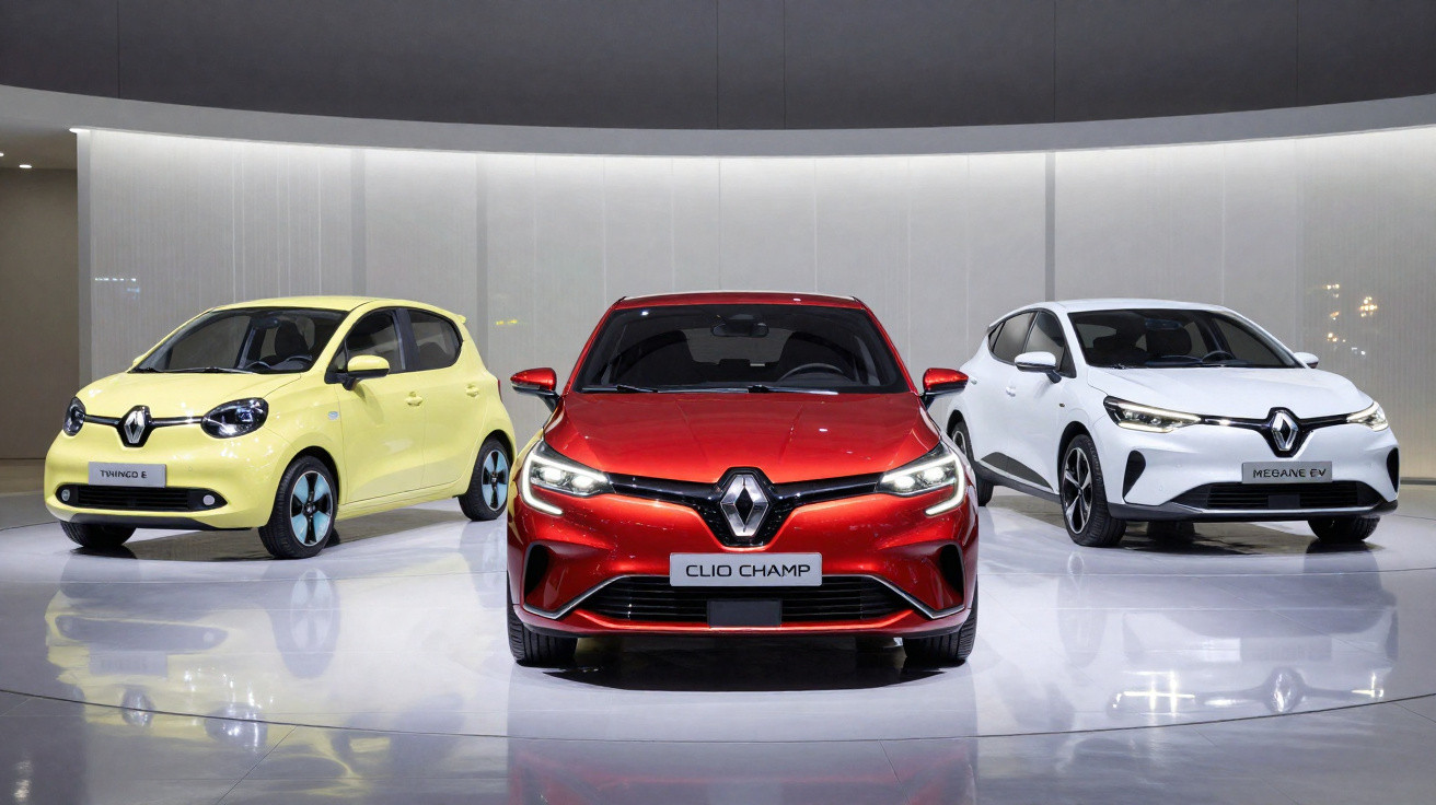Trois voitures Renault exposées en intérieur : une Twingo jaune, une Clio rouge et une Mégane blanche.