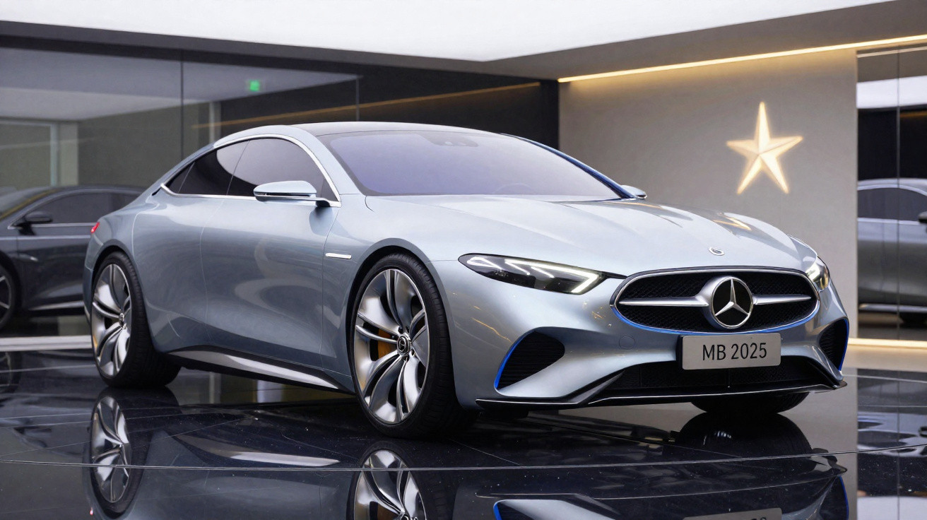 Voiture de sport Mercedes-Benz argentée futuriste exhibée dans un showroom moderne et épuré.