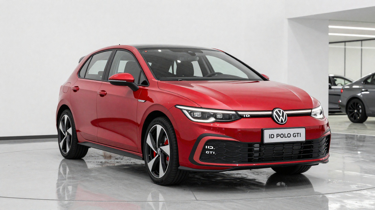 Volkswagen ID Polo GTI rouge vue de trois quarts avant dans un showroom moderne lumineux.