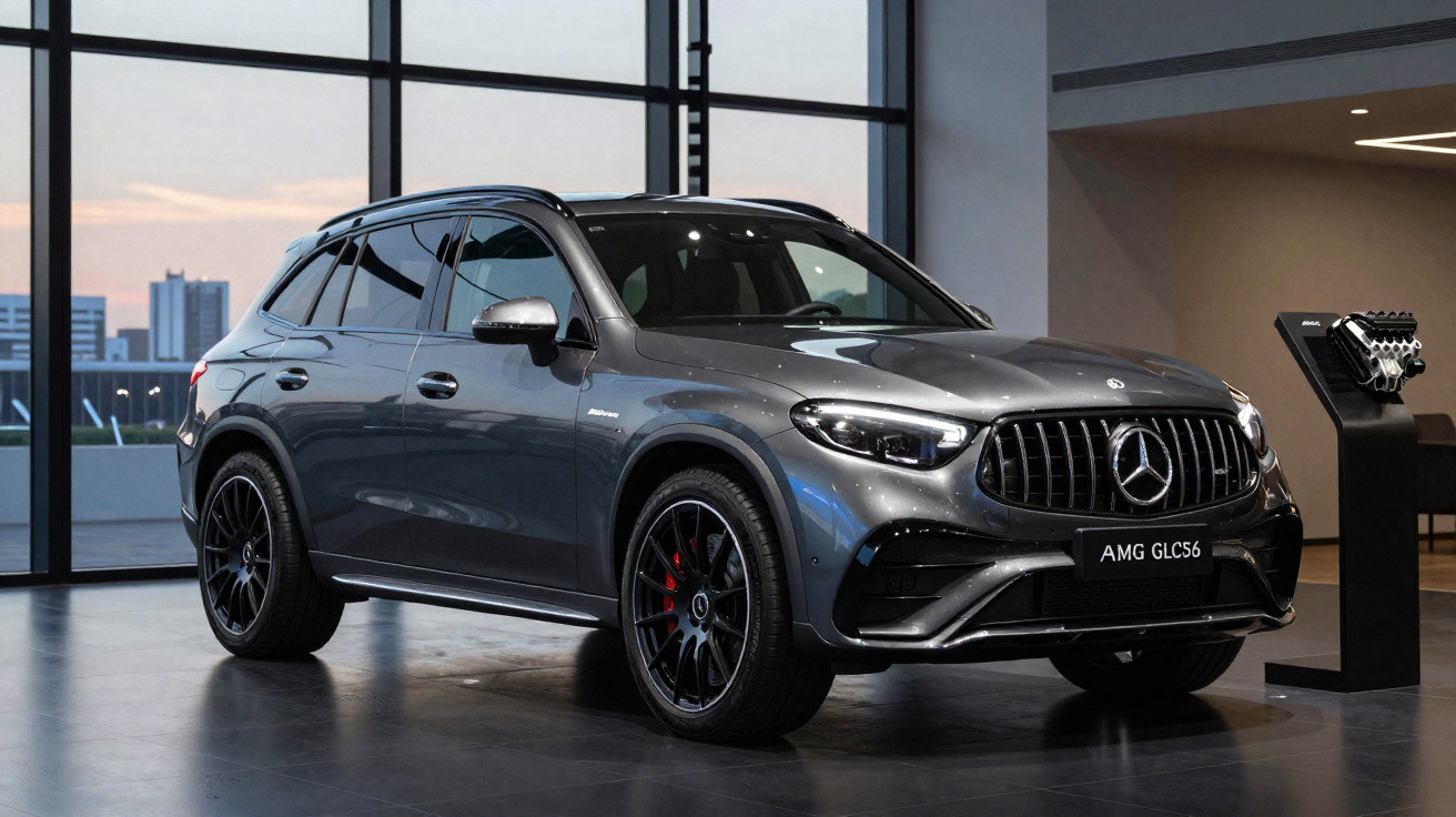 SUV Mercedes AMG GLC 63 gris foncé garé en intérieur devant une grande baie vitrée.