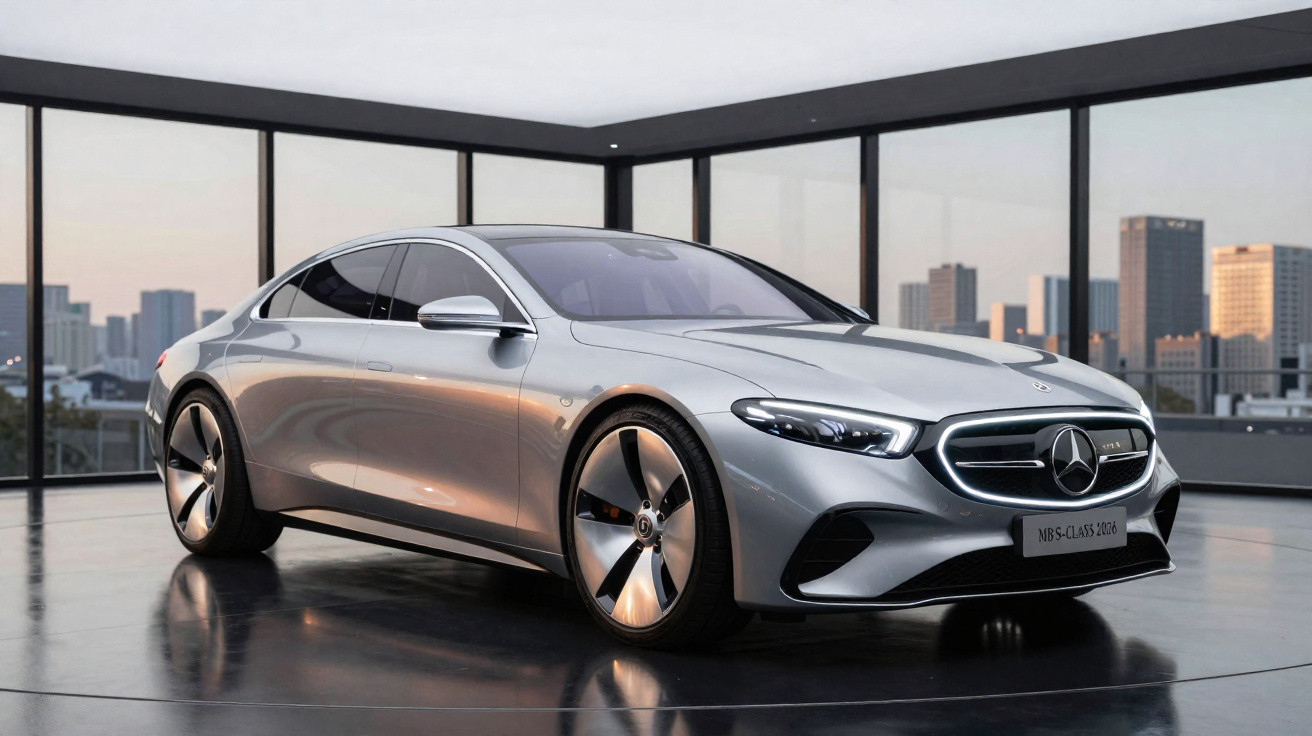 Voiture électrique Mercedes-Benz argentée garée dans un showroom avec vue sur la ville au coucher du soleil.