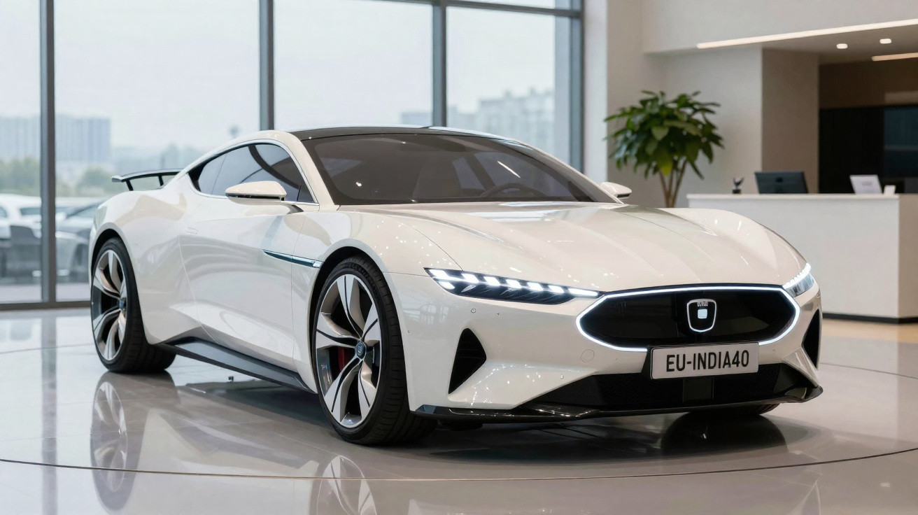 Voiture de sport électrique blanche au design futuriste exposée dans un showroom moderne et lumineux.