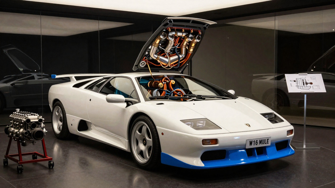 Voiture de sport blanche avec capot moteur ouvert montrant des tubes et un moteur exposé à côté.
