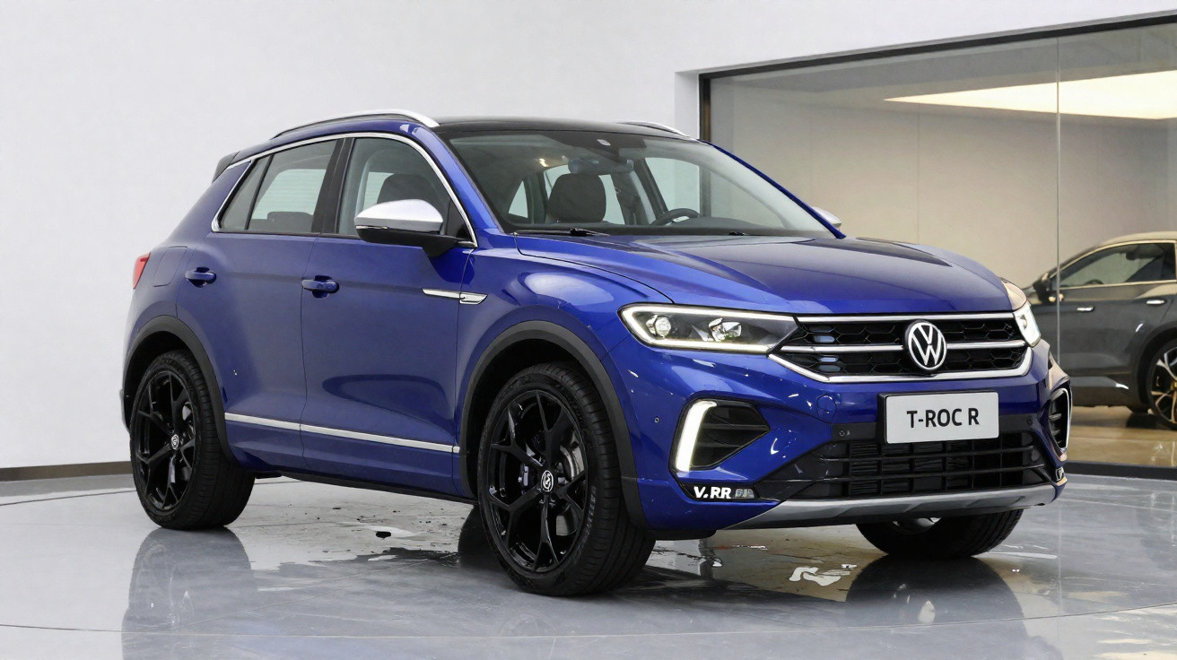 Volkswagen T-Roc R bleu métallisé garée en intérieur sur sol brillant avec jantes noires.