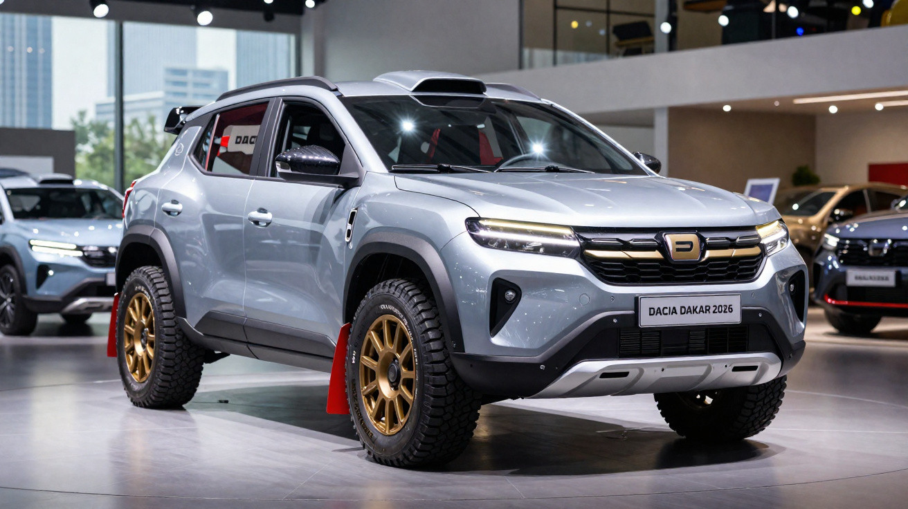 SUV Dacia Dakar 2026 gris métallisé avec jantes dorées et pneus tout-terrain exposé en showroom.