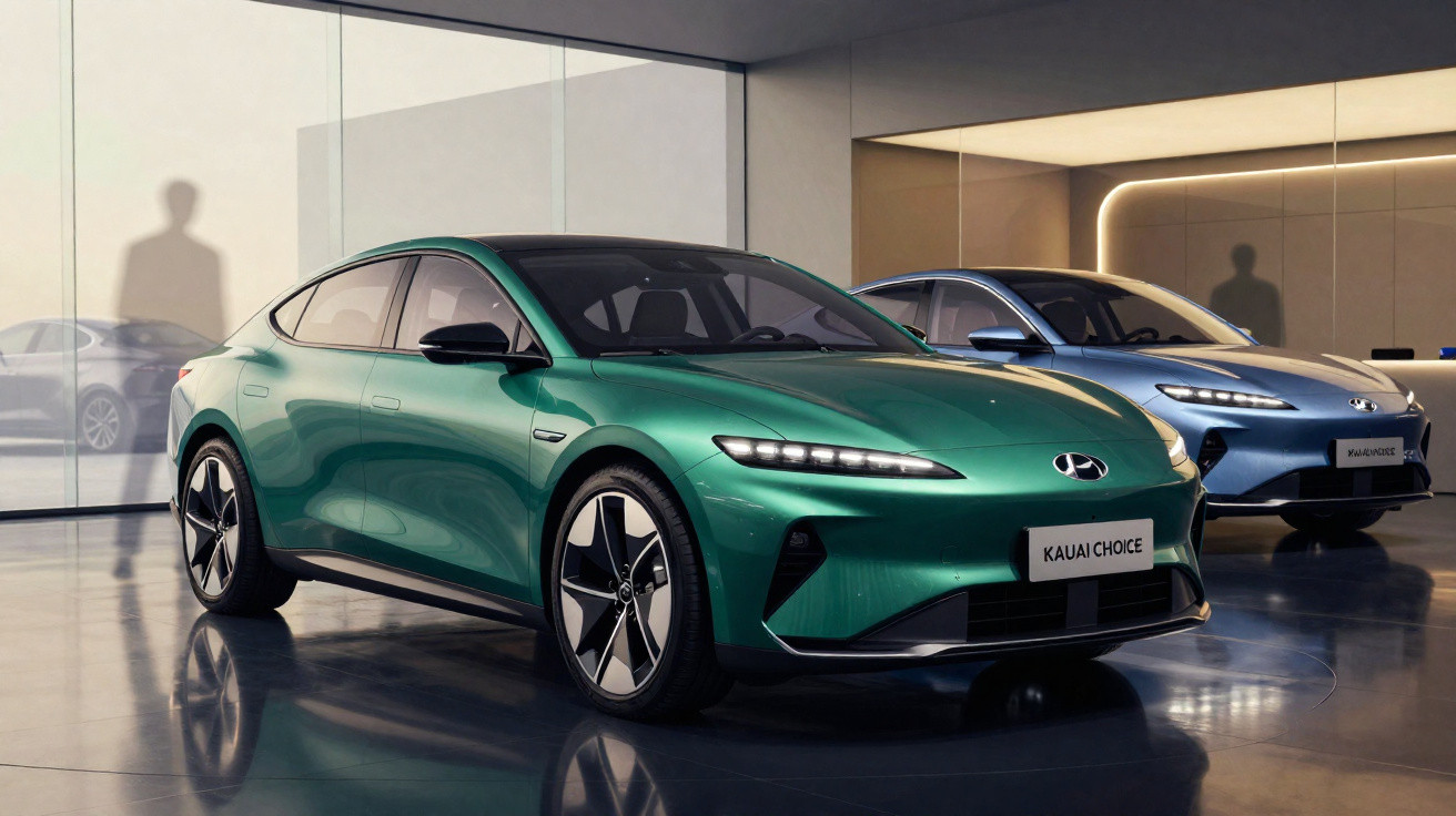 Deux voitures Hyundai électriques Kauai Choice, une verte devant et une bleue derrière, dans un showroom moderne.