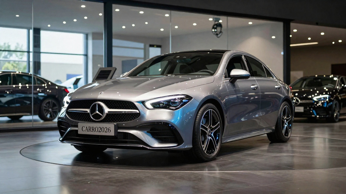 Berline Mercedes-Benz argentée exposée dans un showroom moderne avec éclairage tamisé.