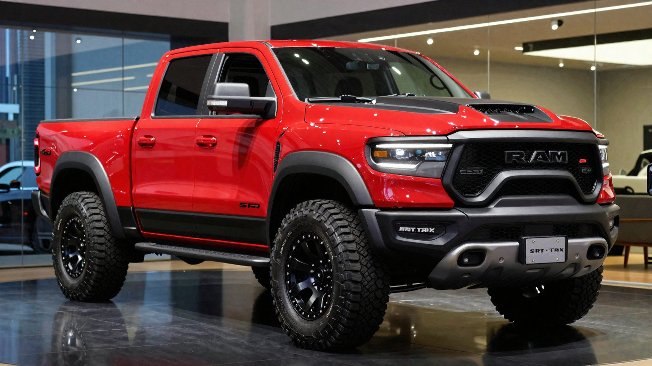 Camion pick-up rouge RAM SRT TRX 2021 avec pneus tout-terrain dans un showroom moderne.
