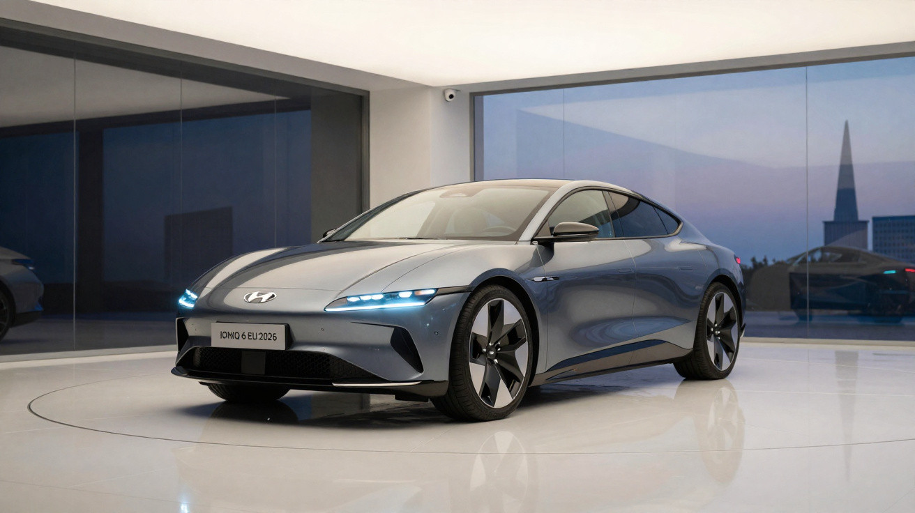 Voiture électrique Hyundai Ioniq 6 grise exposée dans un showroom moderne avec vitres panoramiques.