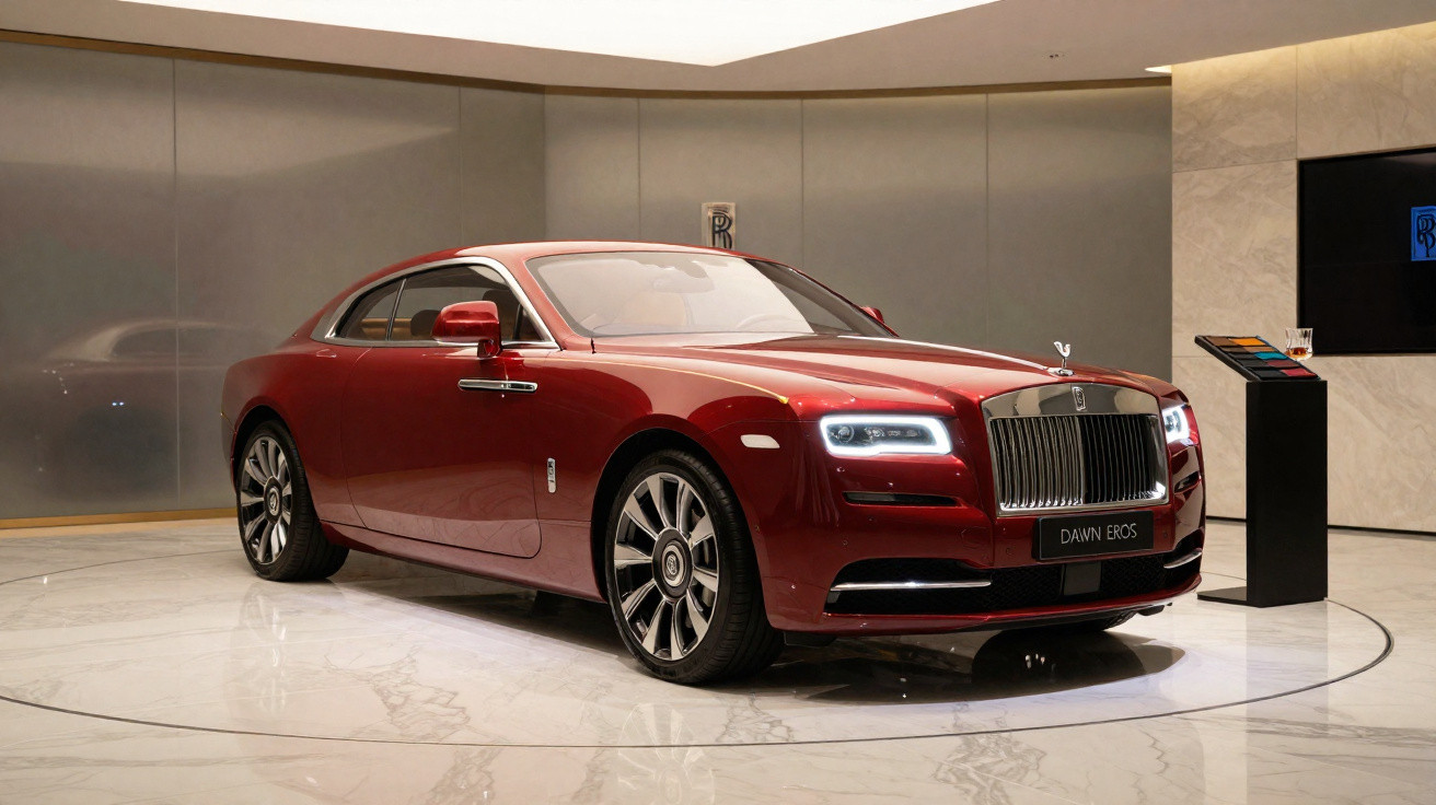 Voiture de luxe coupé Rolls-Royce Dawn Eros rouge exposée dans un showroom moderne et éclairé.