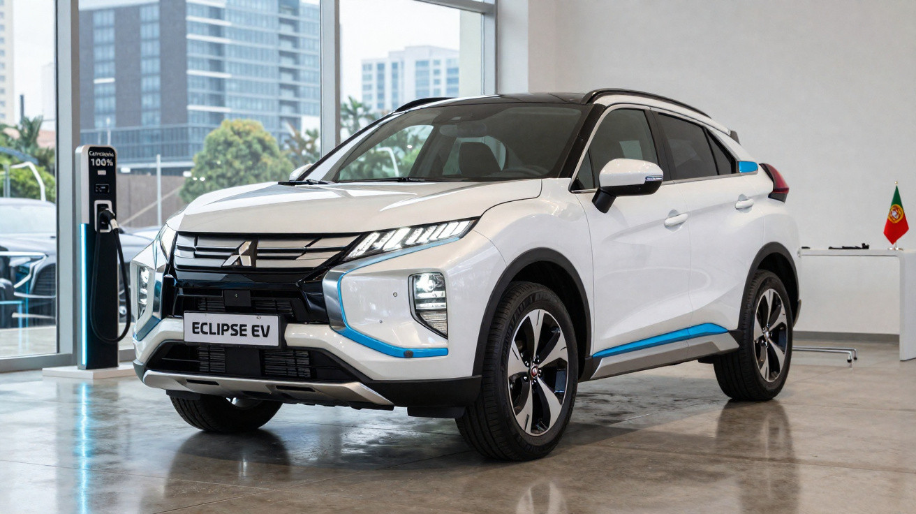 SUV blanc Mitsubishi Eclipse EV en recharge dans un showroom avec drapeau portugais en arrière-plan.
