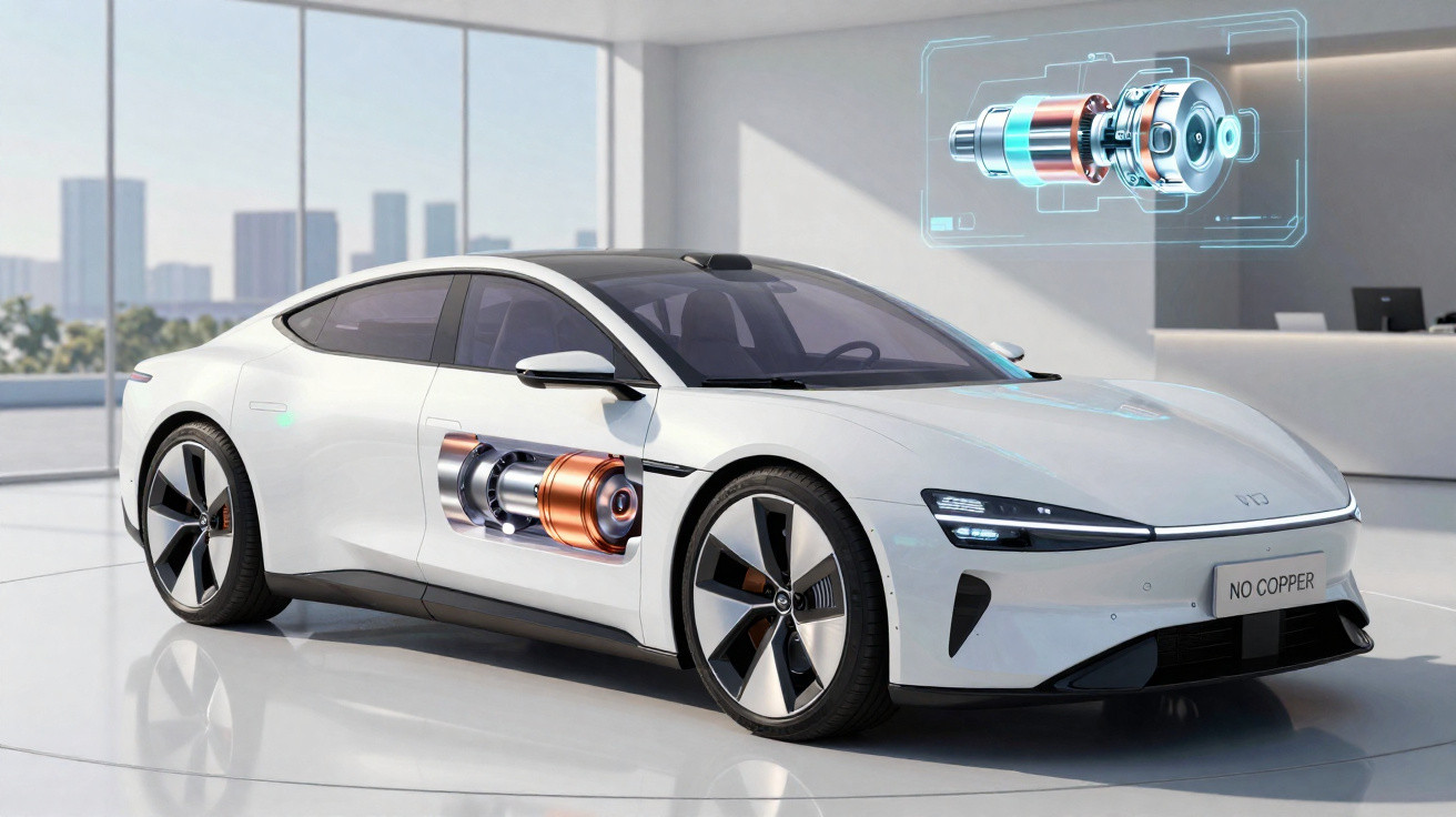 Voiture électrique blanche avec moteur interne illustré, mettant en avant une technologie sans cuivre.