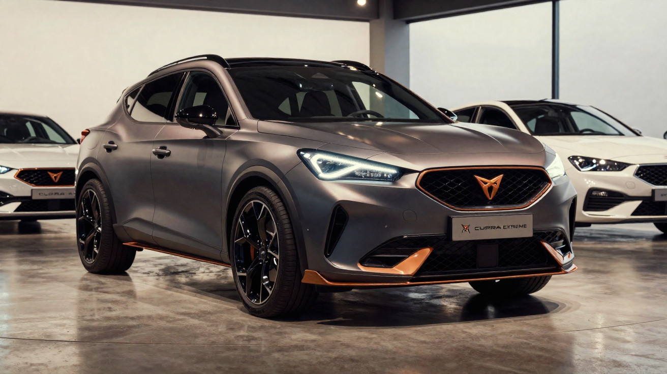 Véhicule SUV gris foncé Cupra Extreme, éclairage LED, jantes noires, exposé en intérieur avec deux voitures blanches en arriè