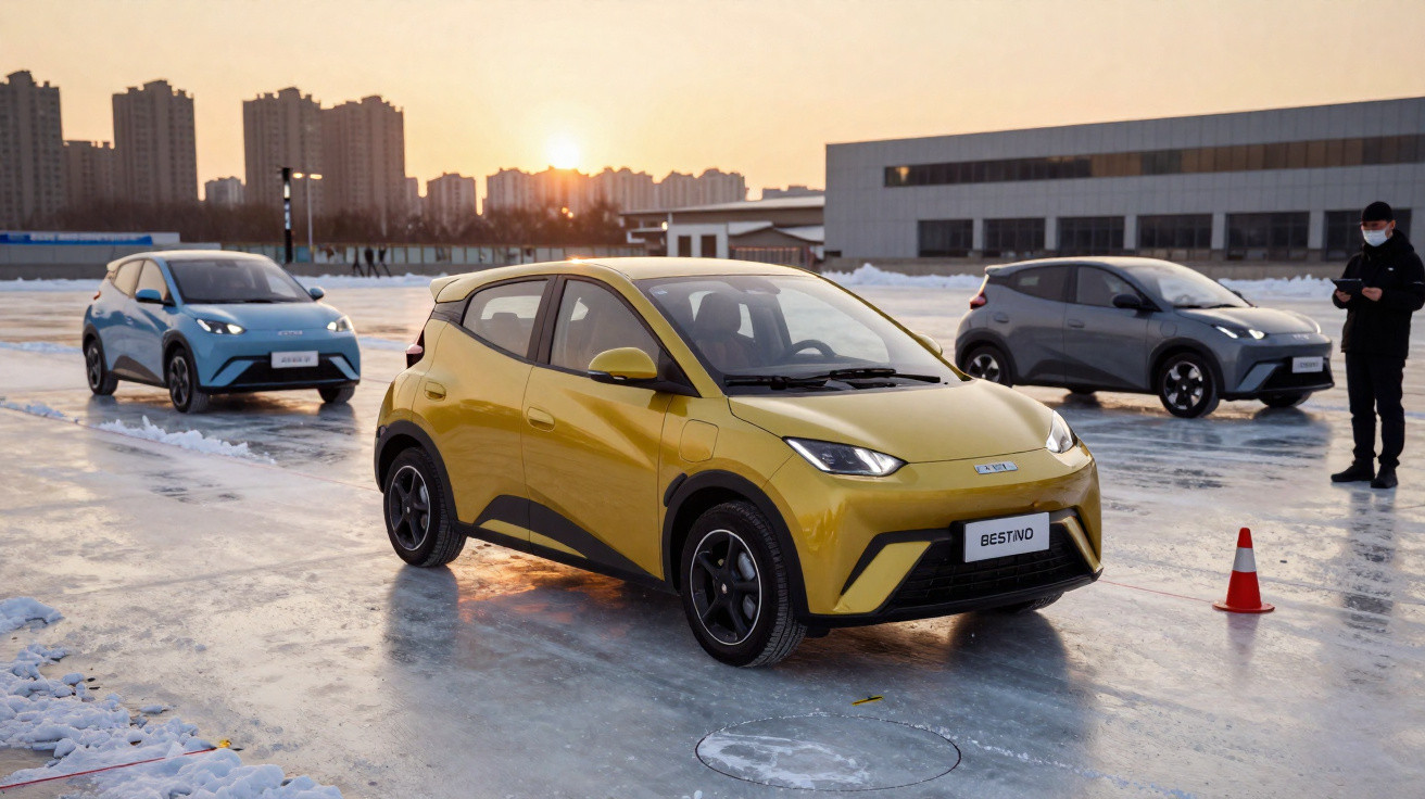 Trois voitures électriques BESTIND de différentes couleurs sur une surface glacée au coucher du soleil.